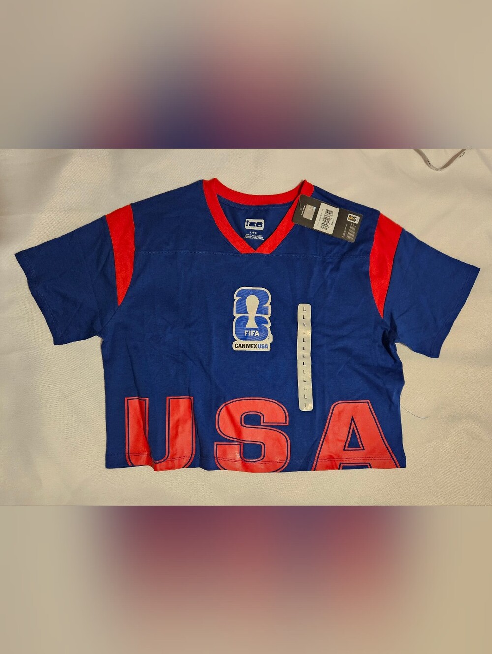 USA Graphic V-Neck Crop Top in Blue & Red
